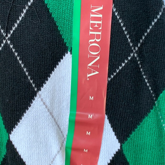 MERONA Black White Green Argyle Front Long Sleeve Cotton Rayon Nylon Sweater - Picture 4 of 8